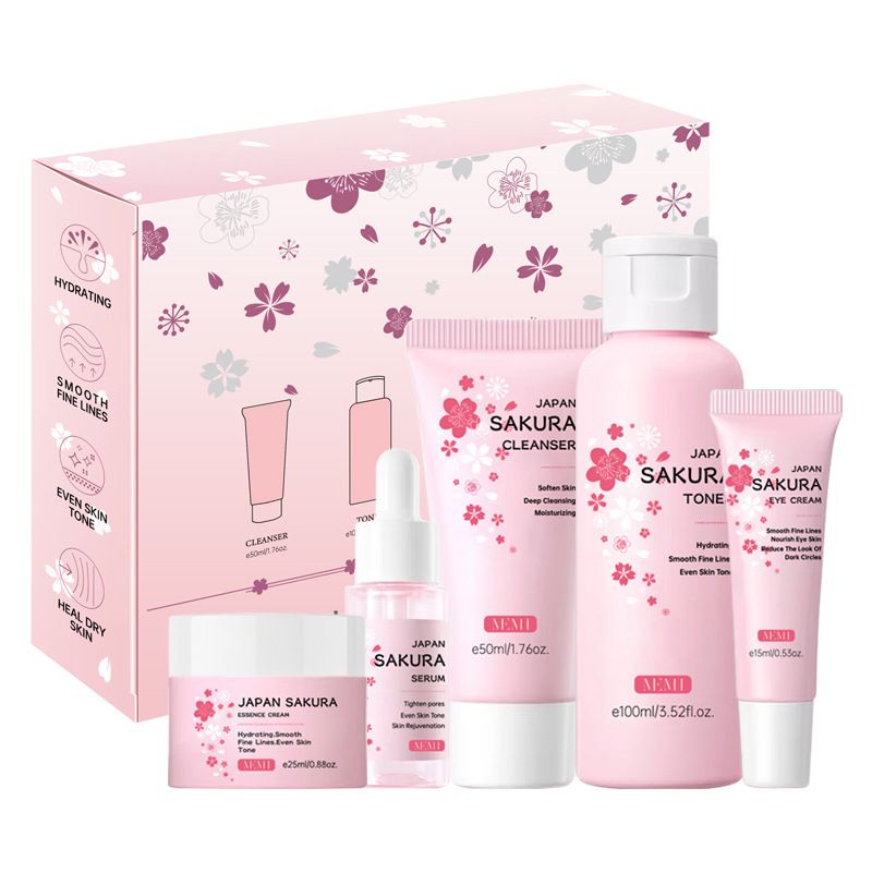 Sakura Kit Skin Care Sets Moisturizing and Reducing Fine Lines Cleansing Pore Product 5-Piece JAPAN Skincare Set Face cleanser- Face toner-Sakura serum -Facial cream - Eye cream  prefect gift