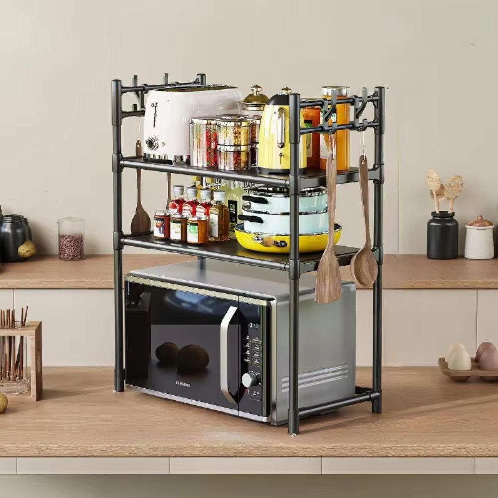 Microwave Rack Kitchen 1,2 Layered Storage with Hooks Shelf Household Standing Seasoning Racks Living Room Countertop Organizer Shelves