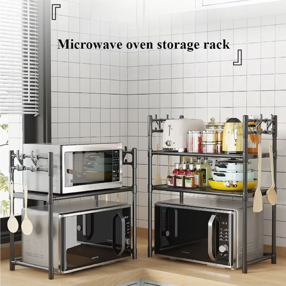 Microwave Rack Kitchen 1,2 Layered Storage with Hooks Shelf Household Standing Seasoning Racks Living Room Countertop Organizer Shelves