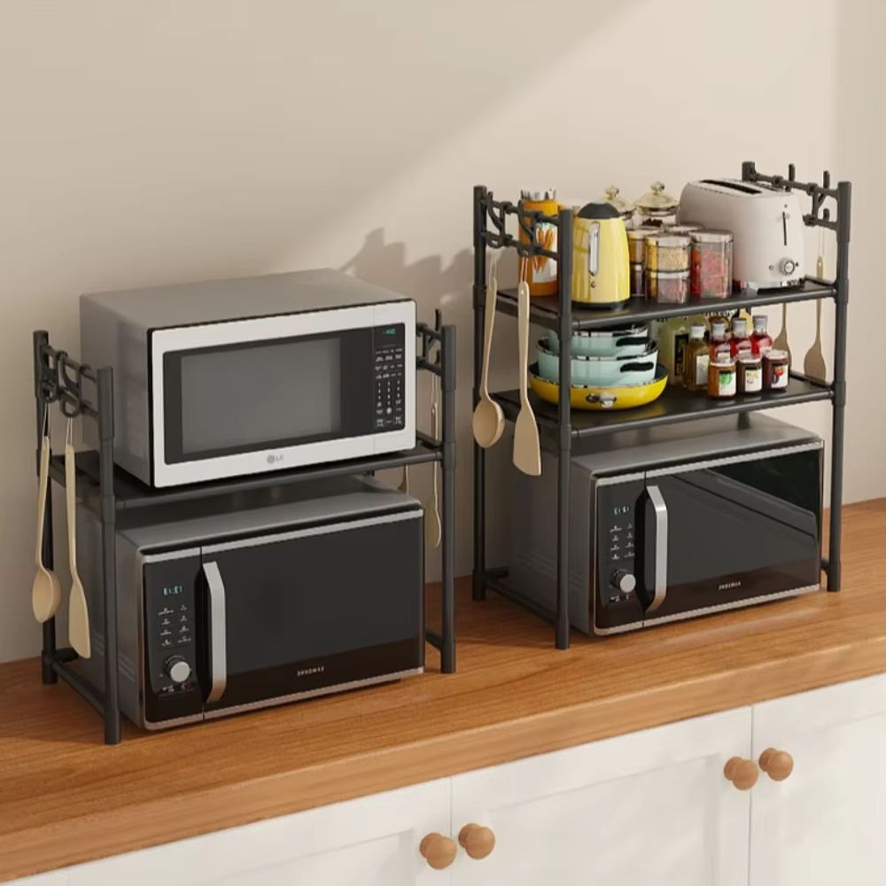 Microwave Rack Kitchen 1,2 Layered Storage with Hooks Shelf Household Standing Seasoning Racks Living Room Countertop Organizer Shelves