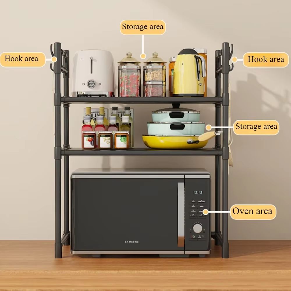Microwave Rack Kitchen 1,2 Layered Storage with Hooks Shelf Household Standing Seasoning Racks Living Room Countertop Organizer Shelves
