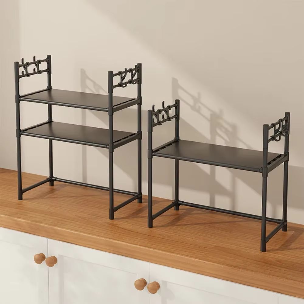 Microwave Rack Kitchen 1,2 Layered Storage with Hooks Shelf Household Standing Seasoning Racks Living Room Countertop Organizer Shelves