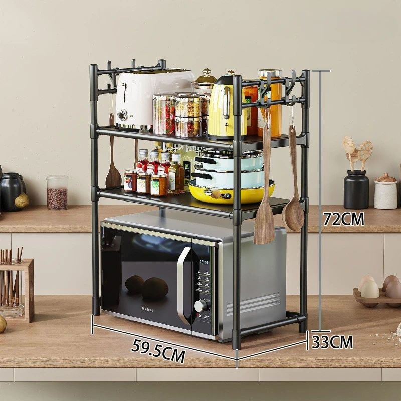 Microwave Rack Kitchen 1,2 Layered Storage with Hooks Shelf Household Standing Seasoning Racks Living Room Countertop Organizer Shelves