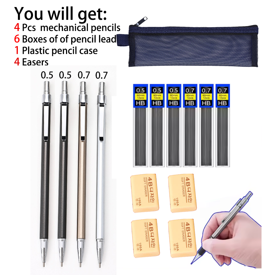 15Pcs/Pencil Set of 4 Mechanical Pencils, 6 Boxes of Lead Refills, 4 Erasers and 1 Pencil Case - Complete Drawing & Writing Kit for School Office