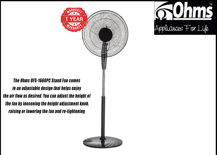 Ohms 16 Stand Fan 60W 3-Speed 1660Pc new powerful modern 16inch strong stand  adjustable design