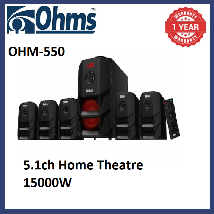 OHMs 5.1ch Home Theatre  Speaker System with Usb Fm Sd Card 15000W Woofer P.M.P.O Aux Ready Super Bass Surround Sound Remote Control And LED Light sound bars speakers 1Yr Warranty