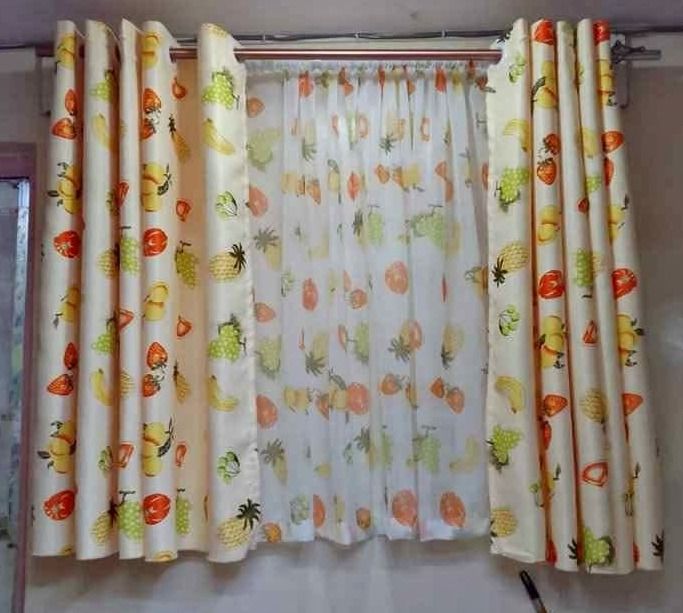 2pcs of Beige Curtain with fruits pattern and a Sheer