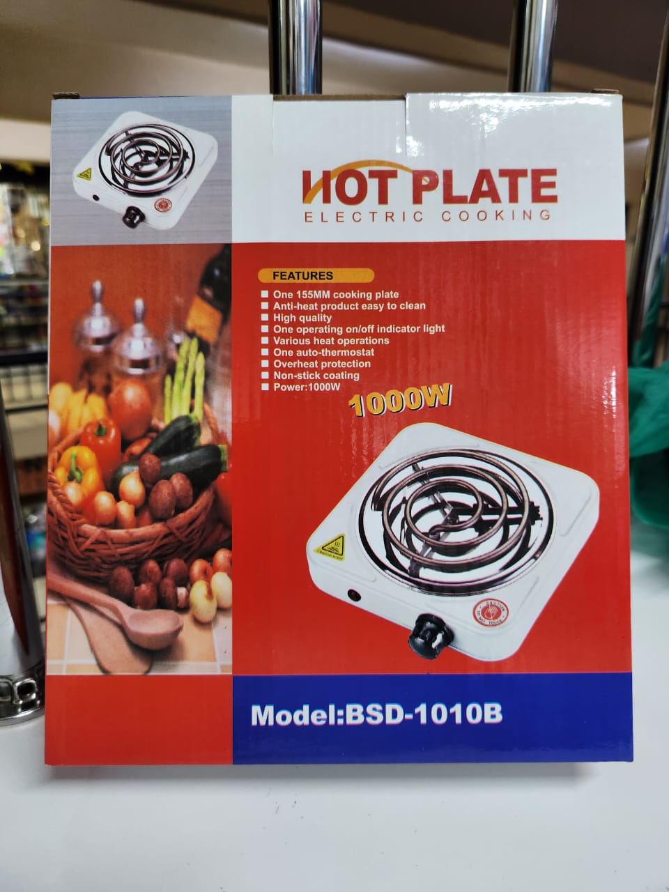 Powerful single-burner electric hot plate with non-stick coating, overheat protection, thermostat control and durable 1000W heating efficiency