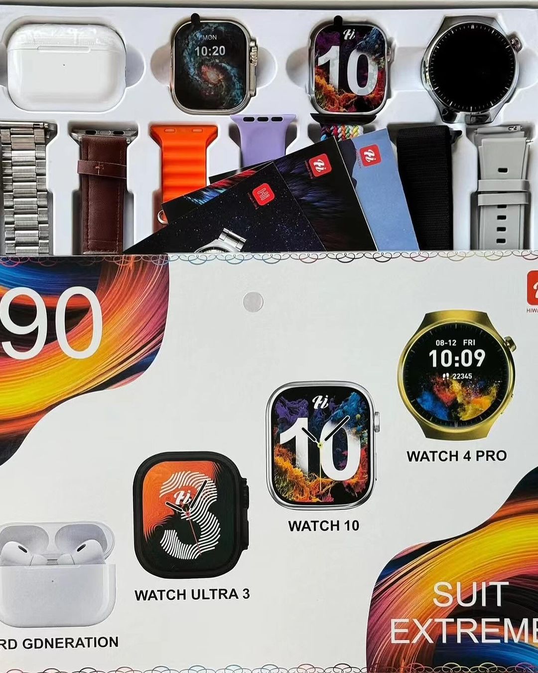 i90 Smart Watch Suit: 3 stylish smartwatches, 7 interchangeable straps, & wireless earbuds. Track fitness, get notifications, make calls, and listen to music in style!