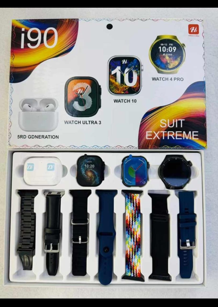 i90 Smart Watch Suit: 3 stylish smartwatches, 7 interchangeable straps, & wireless earbuds. Track fitness, get notifications, make calls, and listen to music in style!