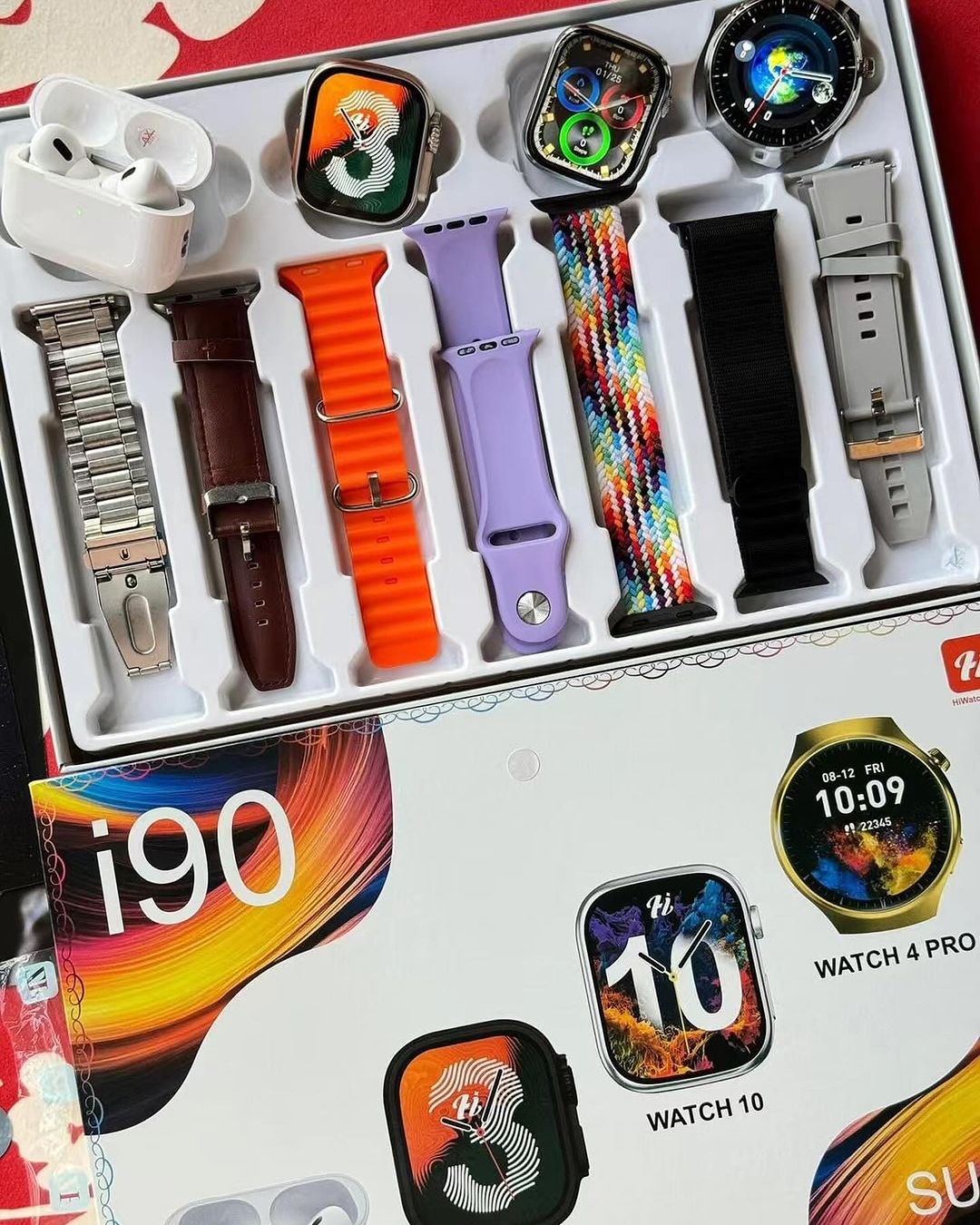 i90 Smart Watch Suit: 3 stylish smartwatches, 7 interchangeable straps, & wireless earbuds. Track fitness, get notifications, make calls, and listen to music in style!