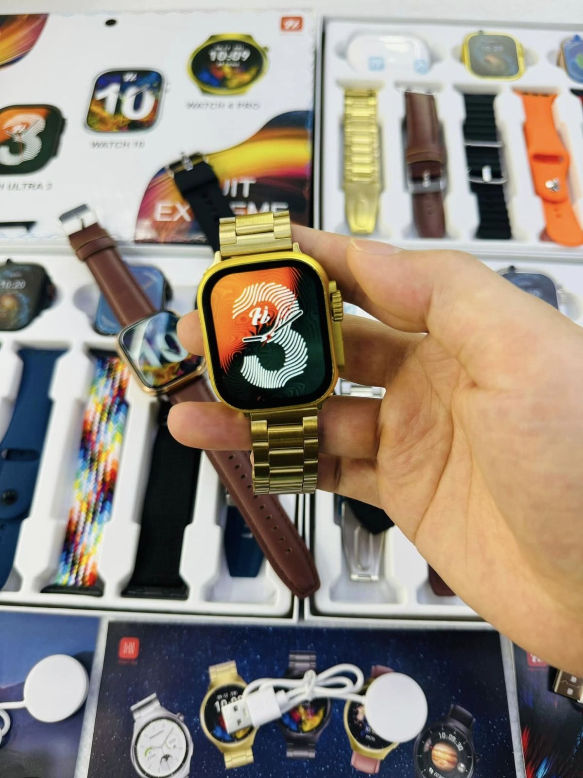 i90 Smart Watch Suit: 3 stylish smartwatches, 7 interchangeable straps, & wireless earbuds. Track fitness, get notifications, make calls, and listen to music in style!