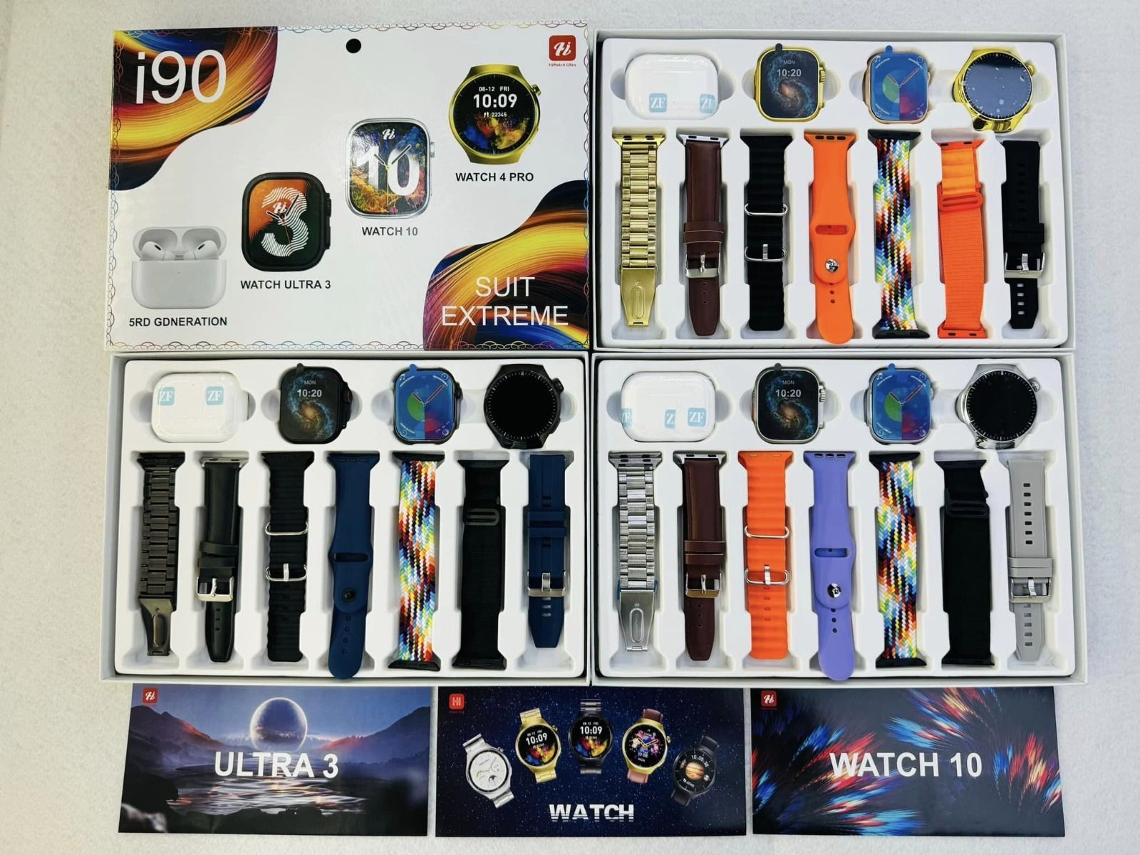 i90 Smart Watch Suit: 3 stylish smartwatches, 7 interchangeable straps, & wireless earbuds. Track fitness, get notifications, make calls, and listen to music in style!