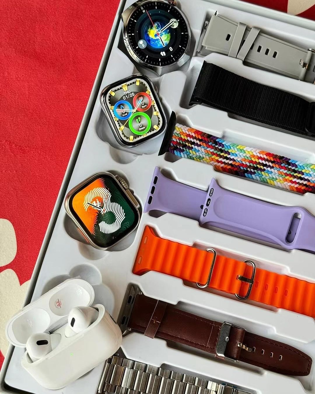 i90 Smart Watch Suit: 3 stylish smartwatches, 7 interchangeable straps, & wireless earbuds. Track fitness, get notifications, make calls, and listen to music in style!