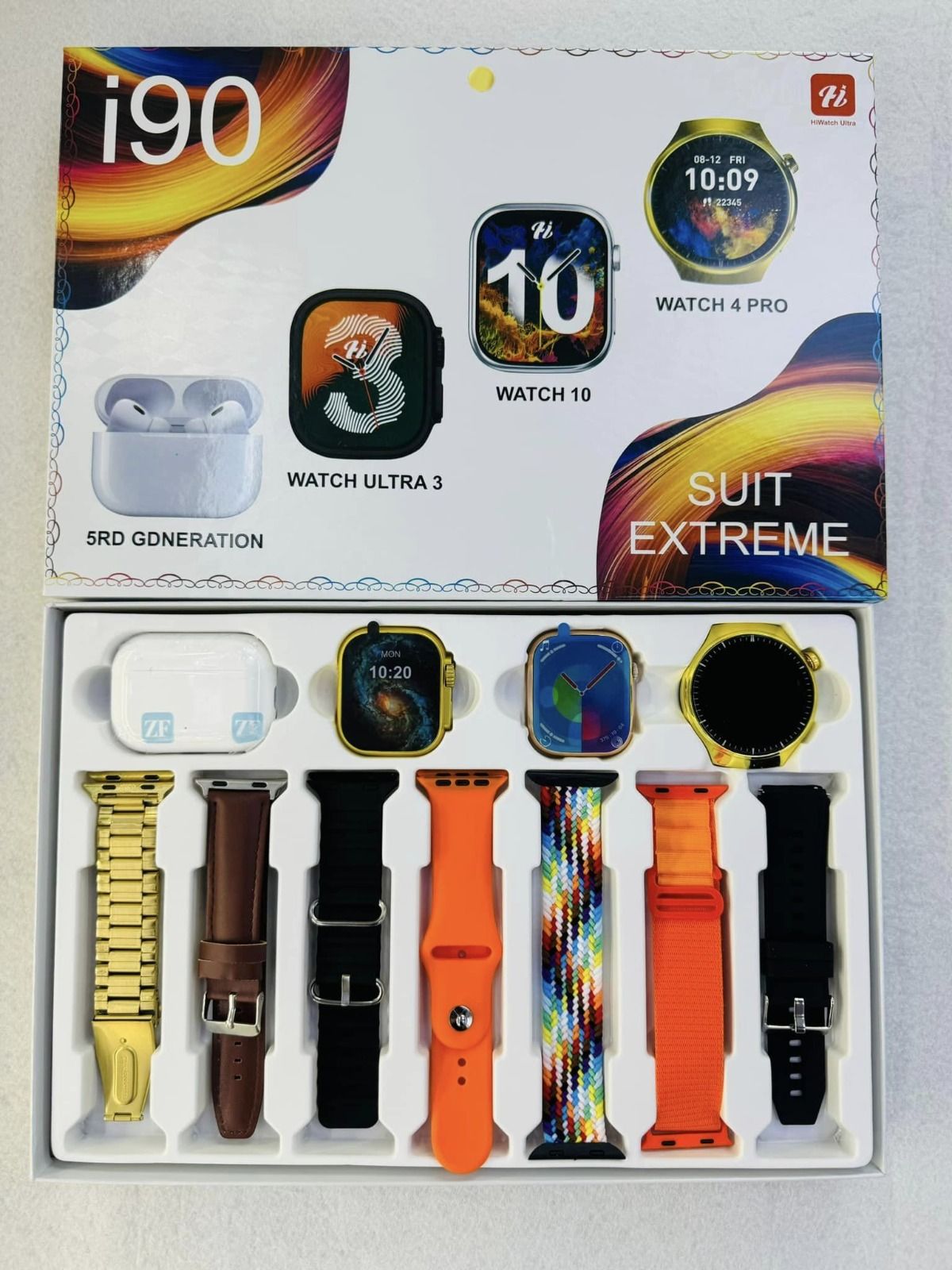 i90 Smart Watch Suit: 3 stylish smartwatches, 7 interchangeable straps, & wireless earbuds. Track fitness, get notifications, make calls, and listen to music in style!
