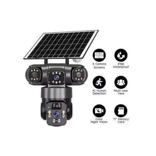 Solar Light 4G (Simcard) V380 Triple Lens Three Screens Camera Solar Powered - (PIR Human Detection,Colored Night Vision, All Weatherproof, Security Video IP Camara 4mp Battery CCTV Monitor)