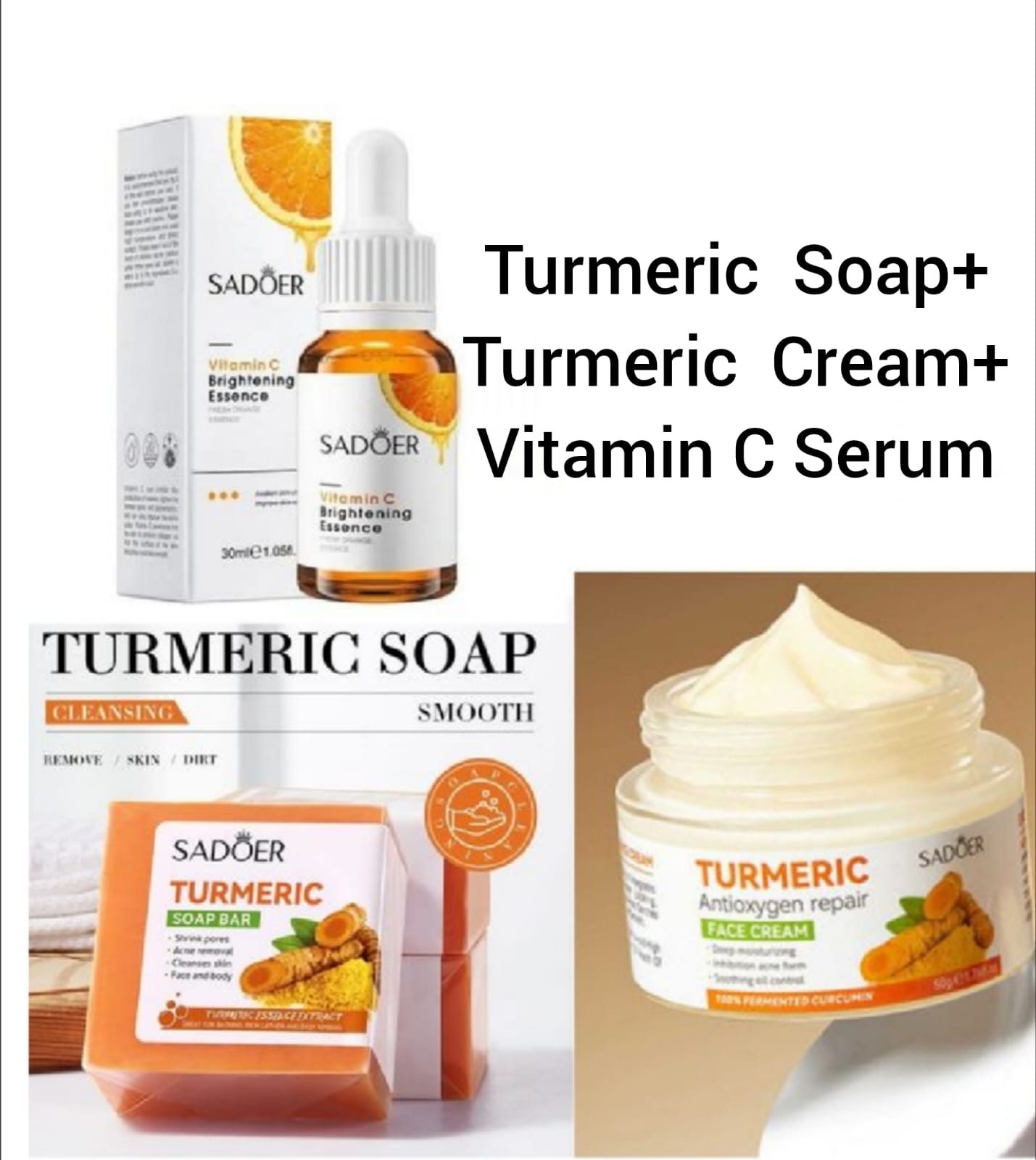 SADOER 3 In 1 The Glow Set Kit Turmeric Soap + Vitamin C Brightening Serum + Moisturizing Tumeric Antioxygen Repair Cream