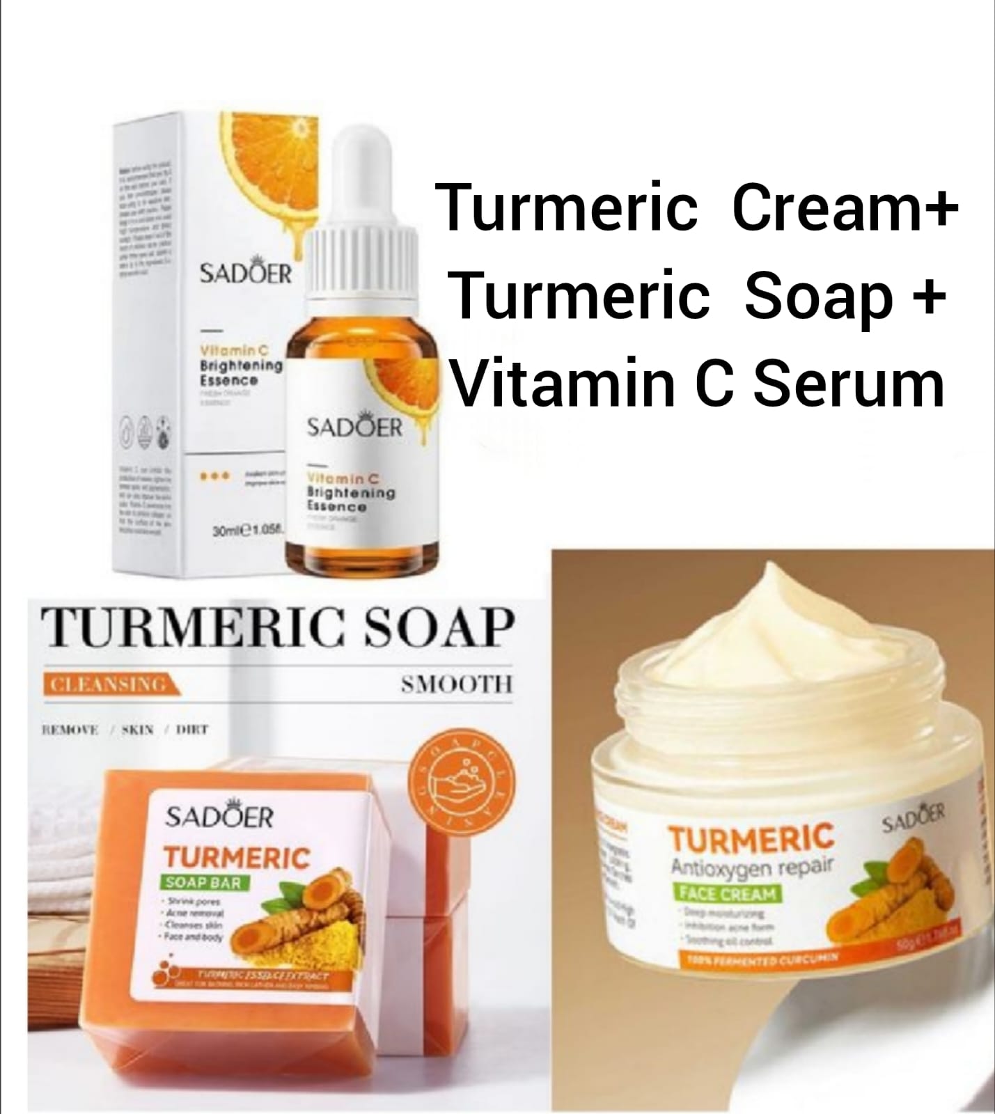 SADOER 3 In 1 The Glow Set Kit Turmeric Cream + Vitamin C Brightening Serum + Moisturizing Tumeric Repair Serum