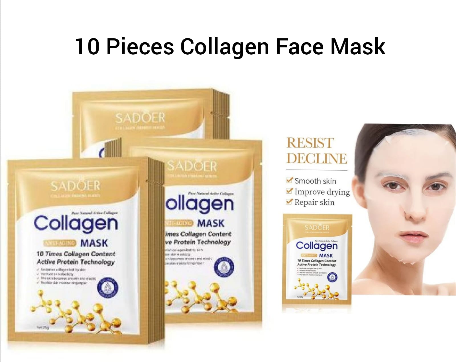 10 Pieces Sadoer Collagen Face Mask Anti-Aging  Face Mask Moisturizing Firming Anti-aging Repair Brightening Facial Sheet Mask Minimize Wrinkles, Restores Skin Elasticity & Firmness