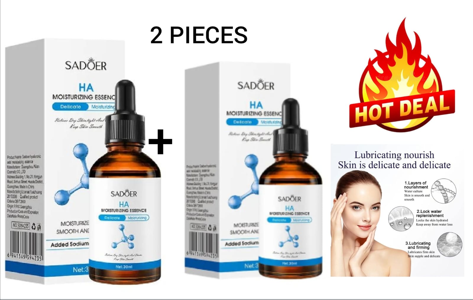 2 Pieces SADOER Hyaluronic Acid Serum, Moisturizing Essence, Anti-Aging Serum for Fine Lines and Anti Wrinkles