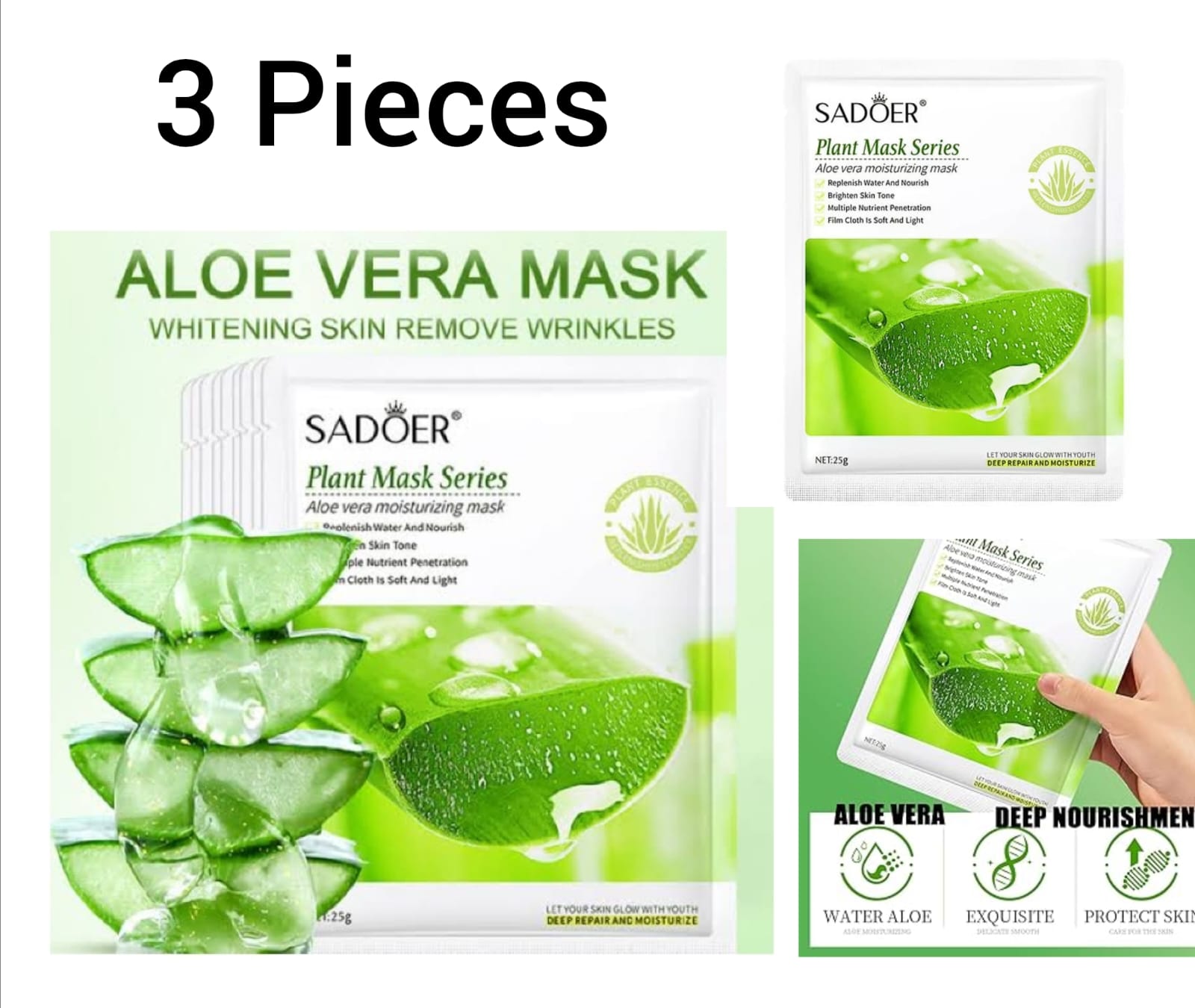 3 Pieces SADOER Face Hydrating and Moisturizing Aloe Vera Facial sheet Mask Anti Wrinkles anti Aging Smothens Your Skin