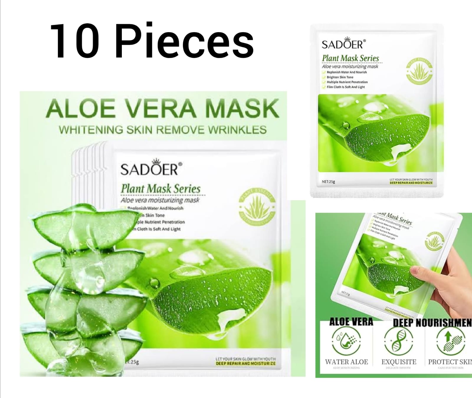 10 Pieces SADOER Face Hydrating and Moisturizing Aloe Vera Facial sheet Mask Anti Wrinkles anti Aging Smothens Your Skin