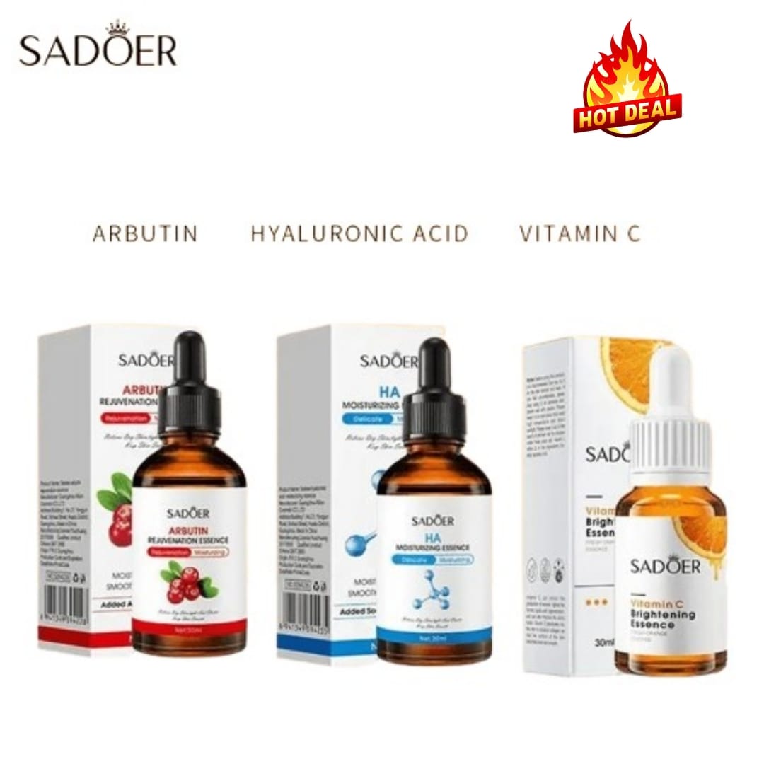 SADOER 3 in 1 Serums, Hyaluronic Acid Moisturizing Essence Vitamin C Face Brightening Essence + Alpha Arbutin Skin Rejuvenation Essence, This Combo is effective in moisturizing, soothing, Brightening