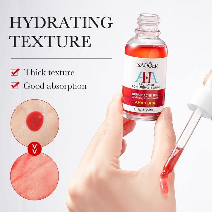 Sadoer AHA + BHA Fruit Acid Acne Repair Serum, With Salicylic Acid , Shrinks Pores, Eliminates Acne, Nourish and Smoothens Skin, Repair Acne Marks, Can Combine with Vitamin C, Moisturize, Black Heads