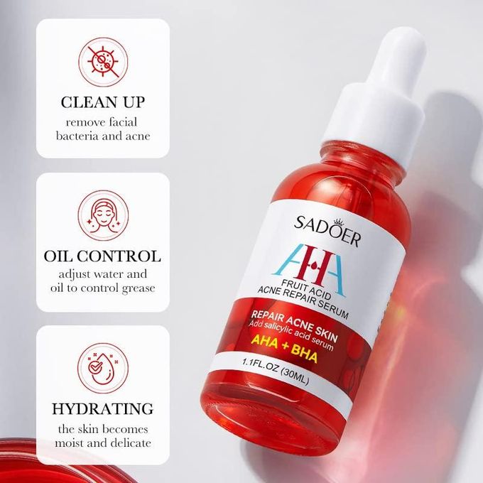 Sadoer AHA + BHA Fruit Acid Acne Repair Serum, With Salicylic Acid , Shrinks Pores, Eliminates Acne, Nourish and Smoothens Skin, Repair Acne Marks, Can Combine with Vitamin C, Moisturize, Black Heads