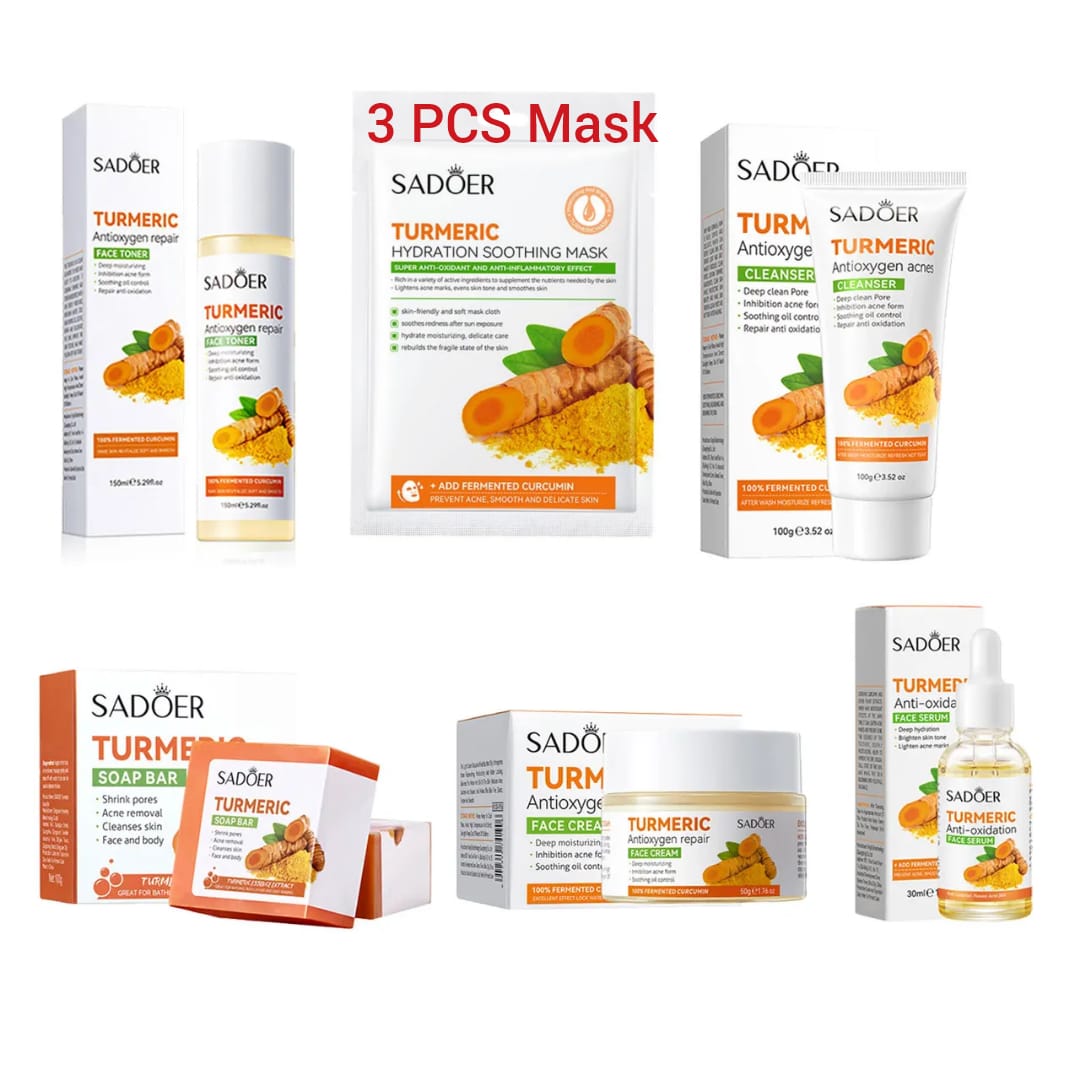 SADOER Tumeric moisturizing and skin glowing Skin Care Set: Turmeric Face Cream + Serum+ Toner + 3 Face Masks + Face Cleanser For Treating Dark Spots, Anti-wrinkles & Improving Skin Texture