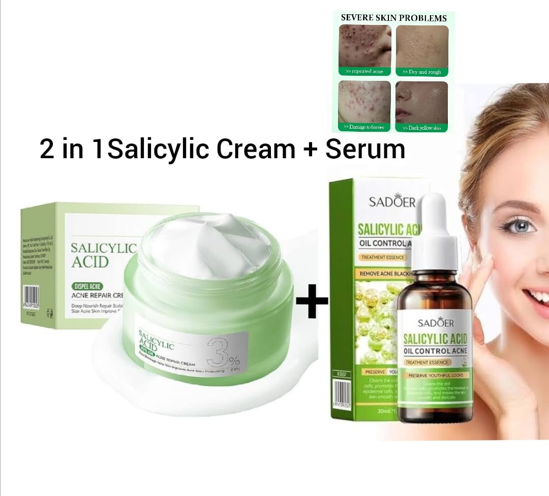 Salicylic Acid Cream + Serum for Face Shrink Pores, Gentle Exfoliating, Salicylic Acid for Anti Acne, Pimple, Spot, Blackhead Salicylic Acid Acne Treatment Essence