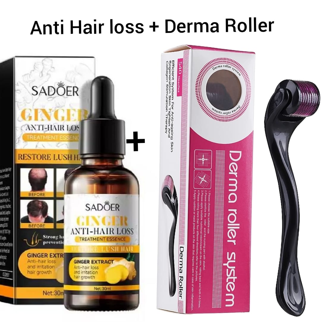 SADOER Ginger Anti Hair Loss + DERMA ROLLER Treatment Essence, Hair Growth Ginger Extract Beard Growth,Hair Growth, Anti Dandruffs Hair Moisturizing Hair Care Serum, Derma Roller Compliment In Anti Ha