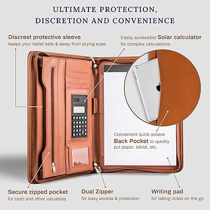 PU Leather Business Portfolio with Zipper – Padfolio All-in-One. Smartest Protective 10.1 Inch Tablet Sleeve, Presentation Slot, Solar Calculator, Card Storage, Writing Pad