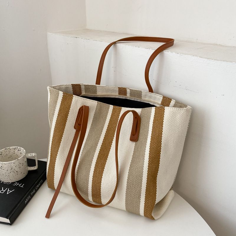 Large Capacity Women's Shoulder Bag New Simple Vertical Striped Casual Tote Bag Fashionable Handbag Sale Gift Canvas Student Handbag