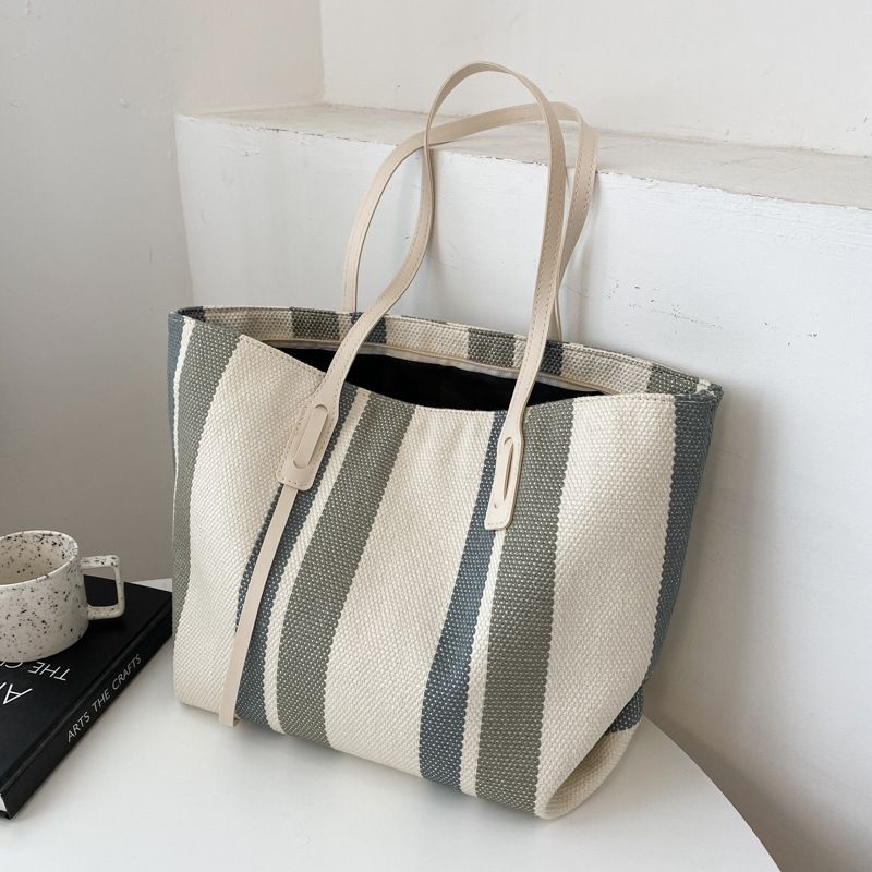 Large Capacity Women's Shoulder Bag New Simple Vertical Striped Casual Tote Bag Fashionable Handbag Sale Gift Canvas Student Handbag