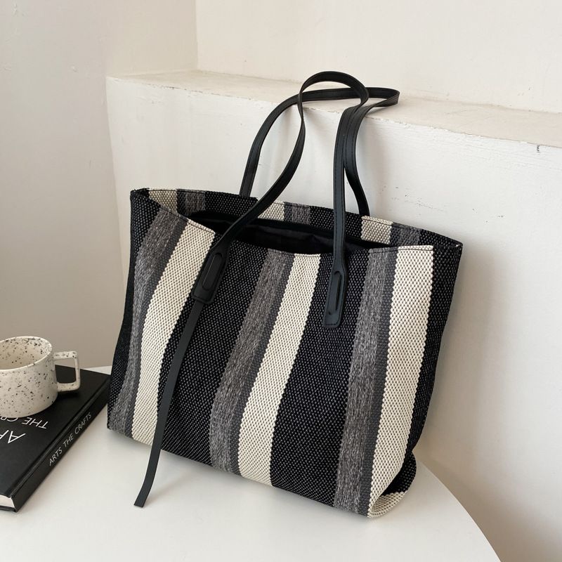 Large Capacity Women's Shoulder Bag New Simple Vertical Striped Casual Tote Bag Fashionable Handbag Sale Gift Canvas Student Handbag