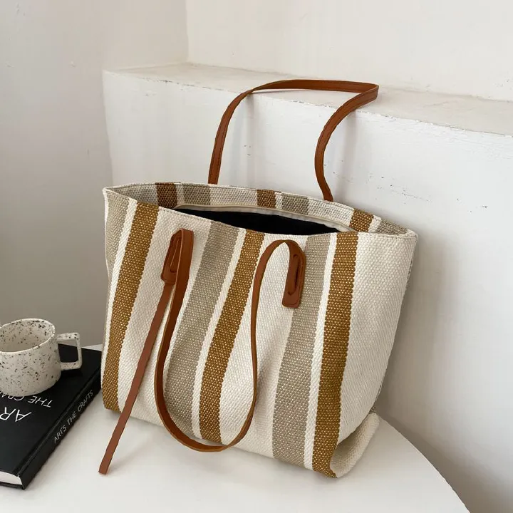 Large Capacity Women's Shoulder Bag New Simple Vertical Striped Casual Tote Bag Fashionable Handbag Sale Gift Canvas Student Handbag