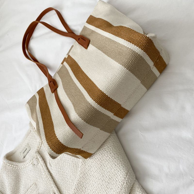 Large Capacity Women's Shoulder Bag New Simple Vertical Striped Casual Tote Bag Fashionable Handbag Sale Gift Canvas Student Handbag