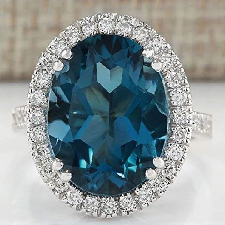 New Elegant Women's Egg Shaped Peacock Blue Zircon Ring Anniversary Celebration Big Diamond Ring for Women Gift Sales