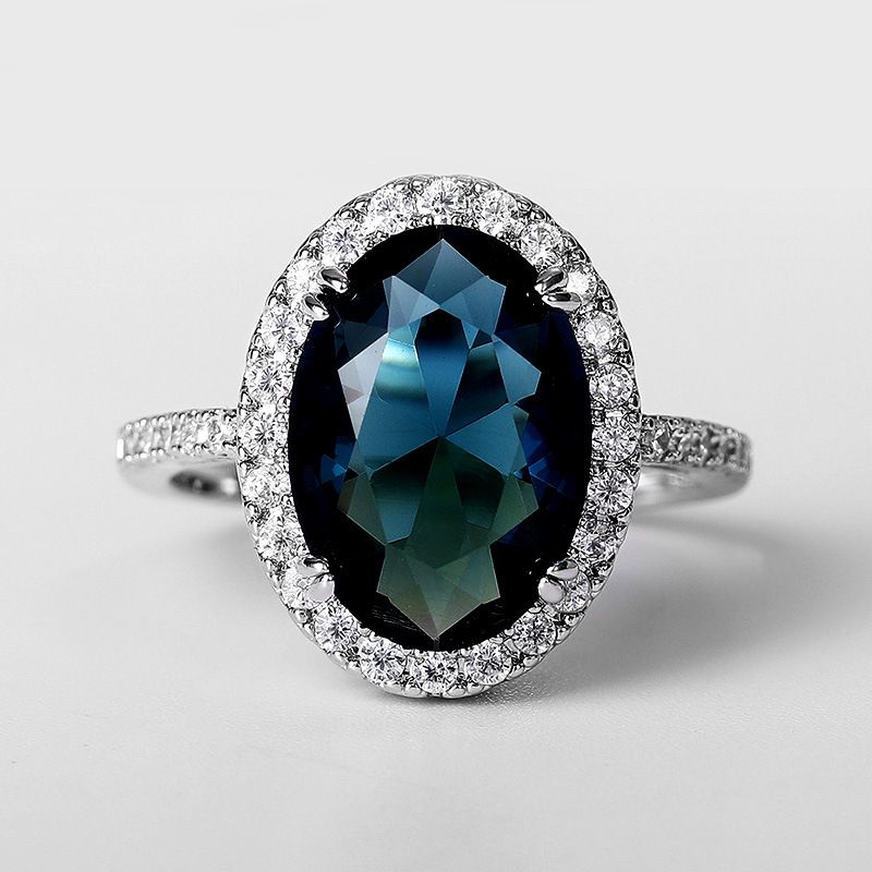 New Elegant Women's Egg Shaped Peacock Blue Zircon Ring Anniversary Celebration Big Diamond Ring for Women Gift Sales