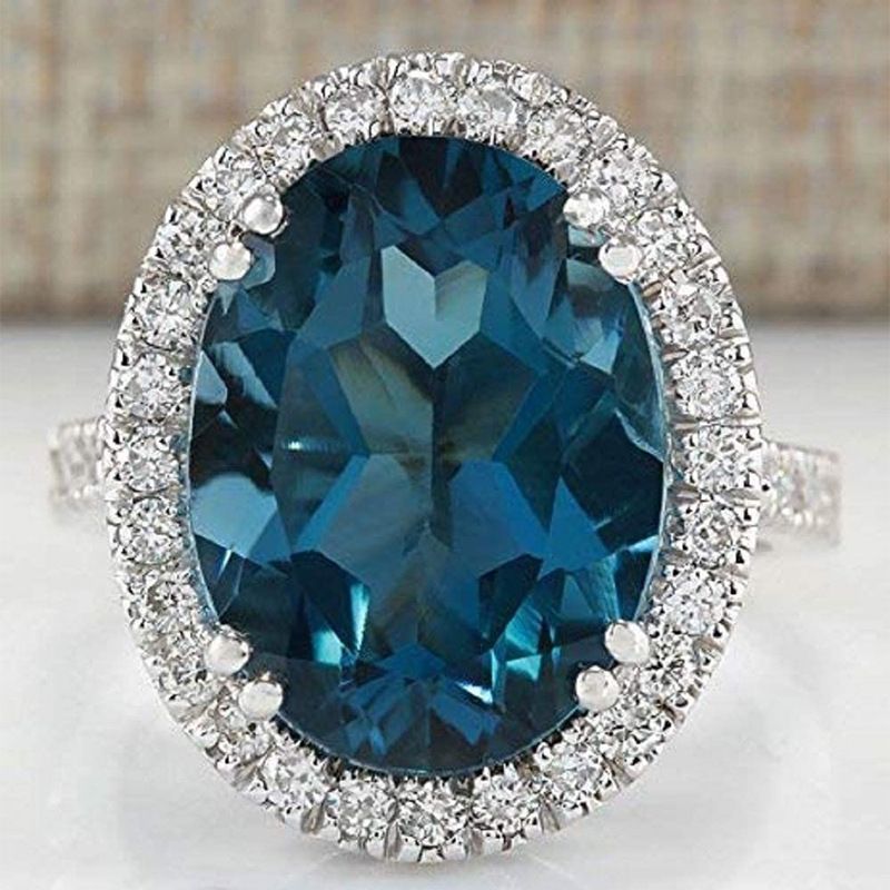 New Elegant Women's Egg Shaped Peacock Blue Zircon Ring Anniversary Celebration Big Diamond Ring for Women Gift Sales