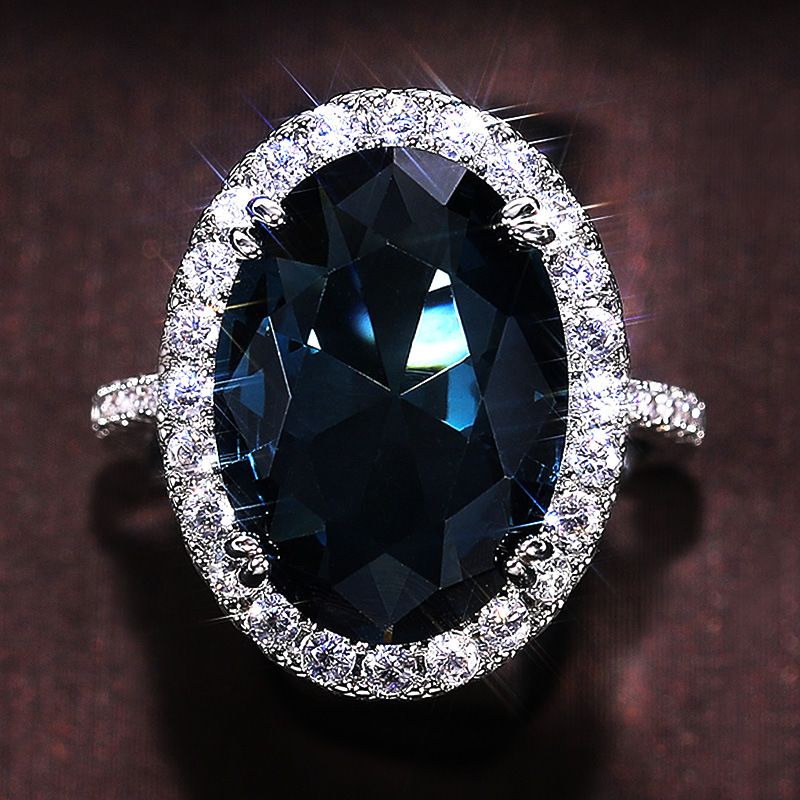 New Elegant Women's Egg Shaped Peacock Blue Zircon Ring Anniversary Celebration Big Diamond Ring for Women Gift Sales