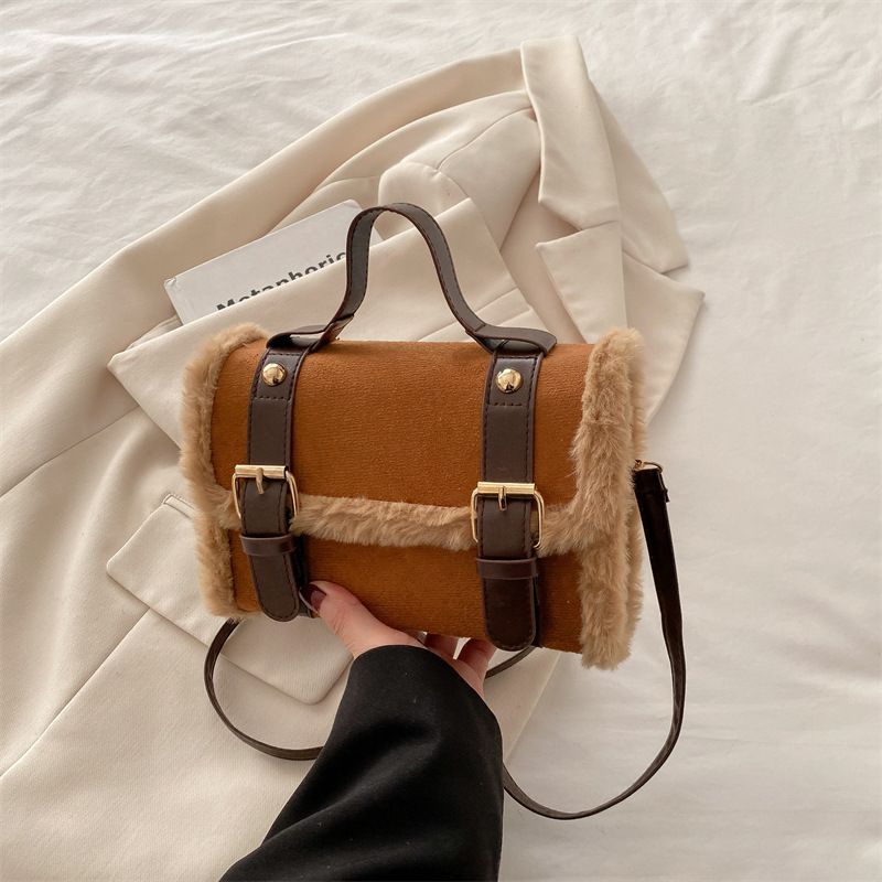 New casual plush women's crossbody bag, simple and stylish with belt design and square shape handbag totebag sholder bag