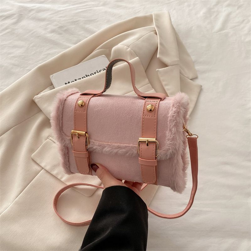 New casual plush women's crossbody bag, simple and stylish with belt design and square shape handbag totebag sholder bag