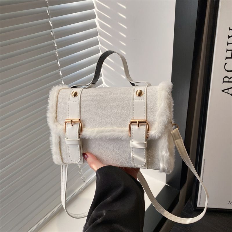 New casual plush women's crossbody bag, simple and stylish with belt design and square shape handbag totebag sholder bag