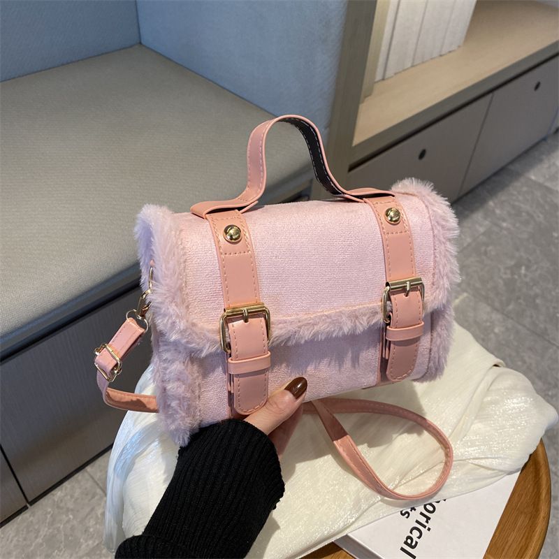 New casual plush women's crossbody bag, simple and stylish with belt design and square shape handbag totebag sholder bag