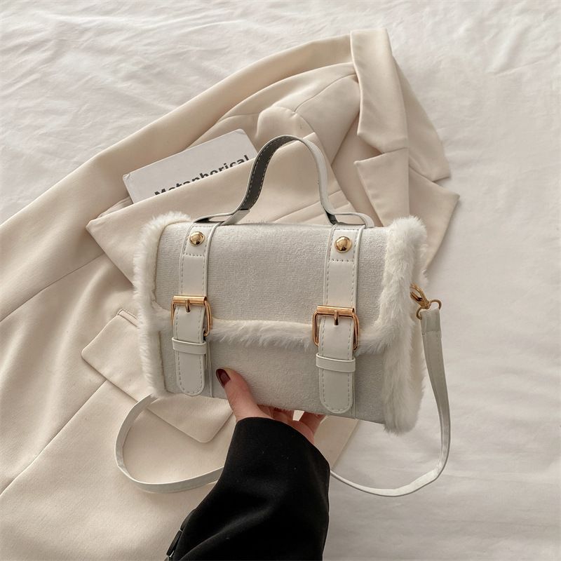 New casual plush women's crossbody bag, simple and stylish with belt design and square shape handbag totebag sholder bag