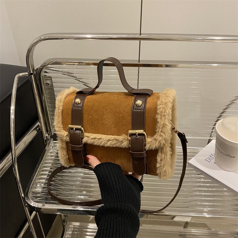 New casual plush women's crossbody bag, simple and stylish with belt design and square shape handbag totebag sholder bag