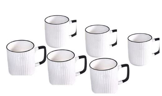 Set Of 6 Vertical Stripes & Black Ring Ceramic Cups