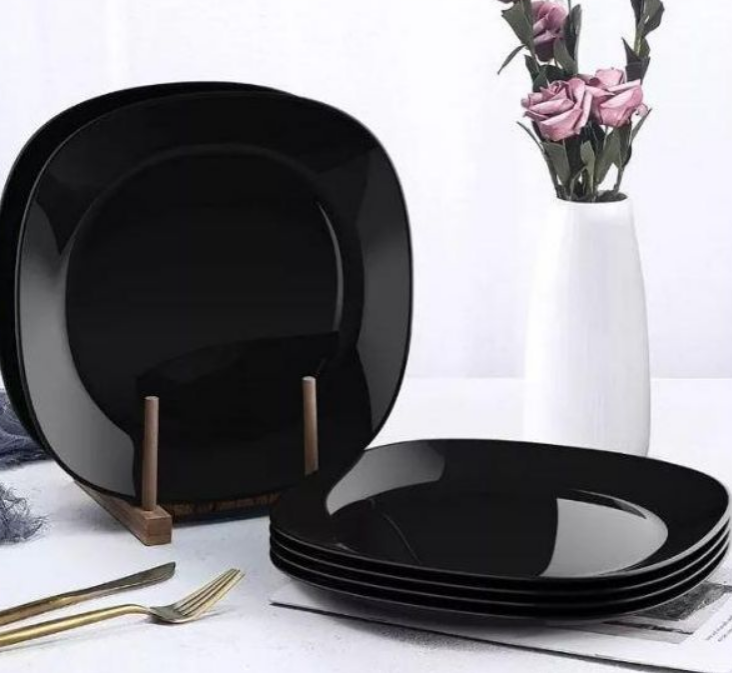 Set Of 6 Heavy Ceramic Square Dinner Plates- Black